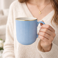 Cuire Light Blue Golden Line RIbbed Ceramic Coffee Mug | Mug for Him & Her | Perfect for Gifting | 350ml (Set of 1)