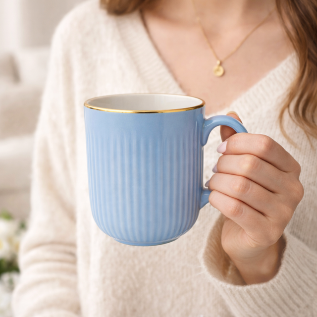 Cuire Light Blue Golden Line RIbbed Ceramic Coffee Mug | Mug for Him & Her | Perfect for Gifting | 350ml (Set of 1)