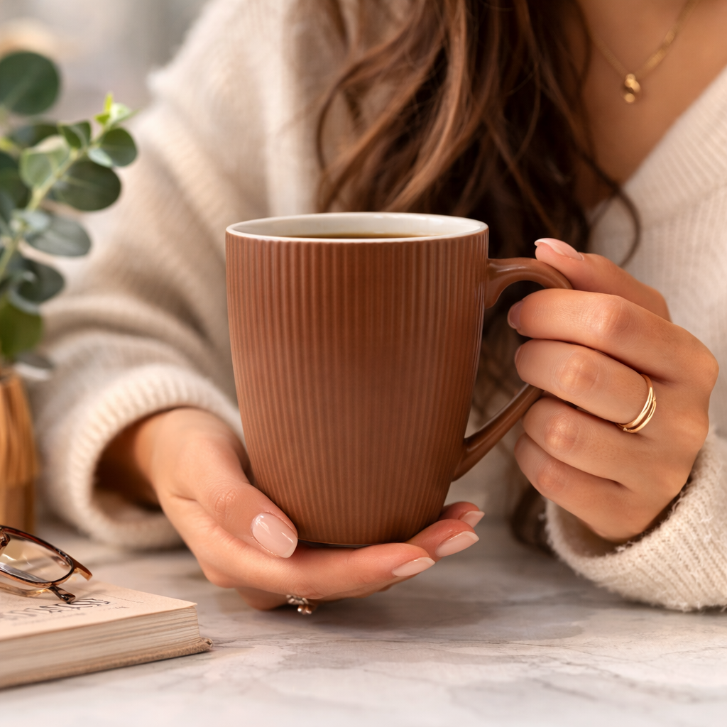 Cuire Brown Ribbed Ceramic Coffee Mug | Mug for Him & Her | Perfect for Gifting | 370ml (Set of 1)