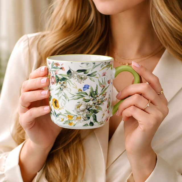 Cuire Green Floral Ceramic Coffee Mug | Mug for Him & Her | Perfect for Gifting | 450ml (Set of 1)
