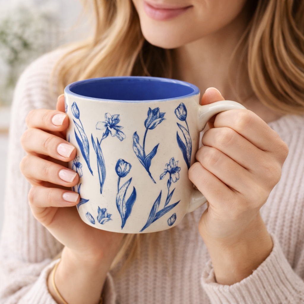 Cuire Floral Blue & White Ceramic Coffee Mug | Mug for Him & Her | Perfect for Gifting | 580ml (Set of 1)