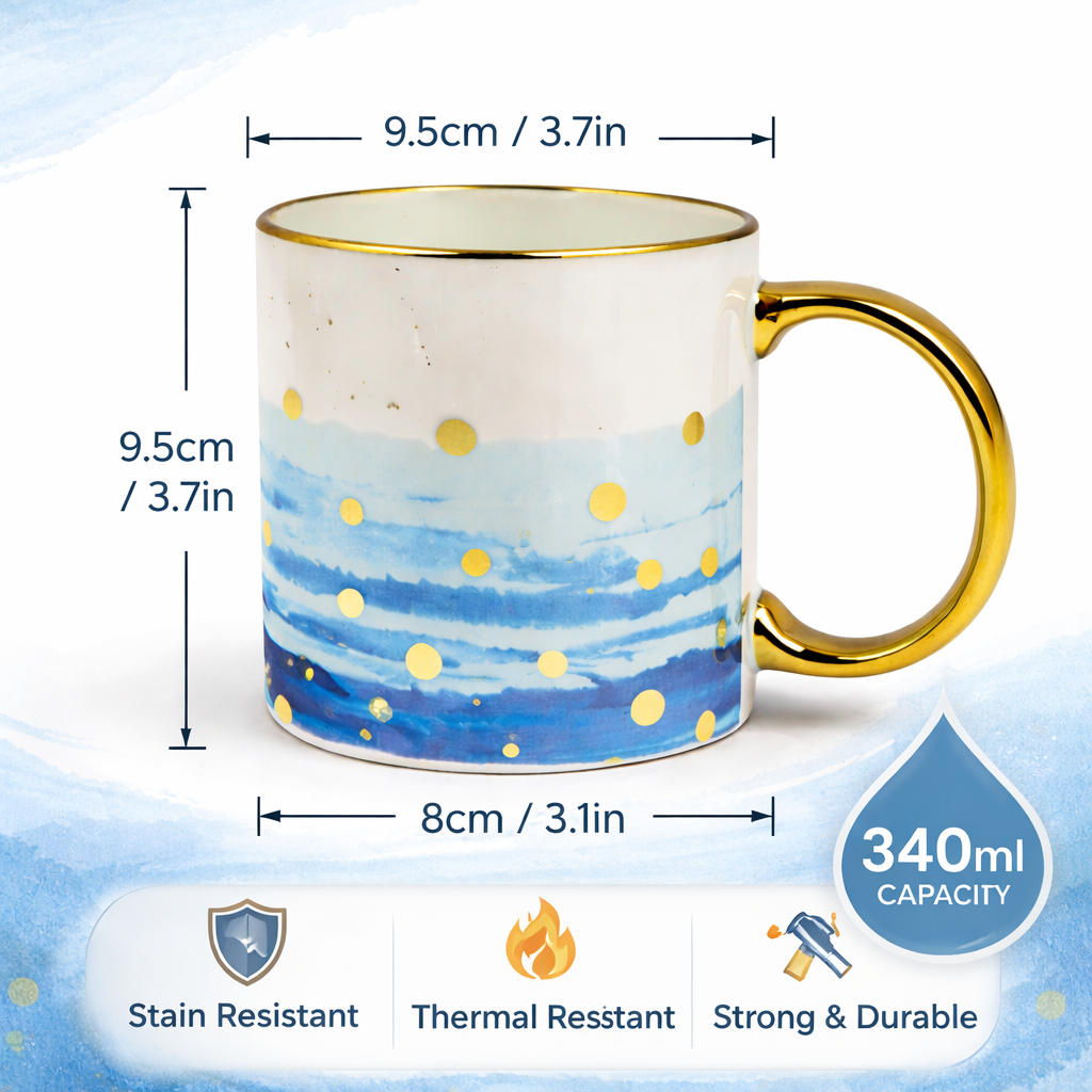 Cuire Azure Gold Waves Ceramic Coffee Mug 340ml | Blue Watercolor Design with Gold Handle & Rim | Stain Resistant, Thermal Resistant | Strong & Durable Tea & Coffee Cup (Blue with Golden Droplets)
