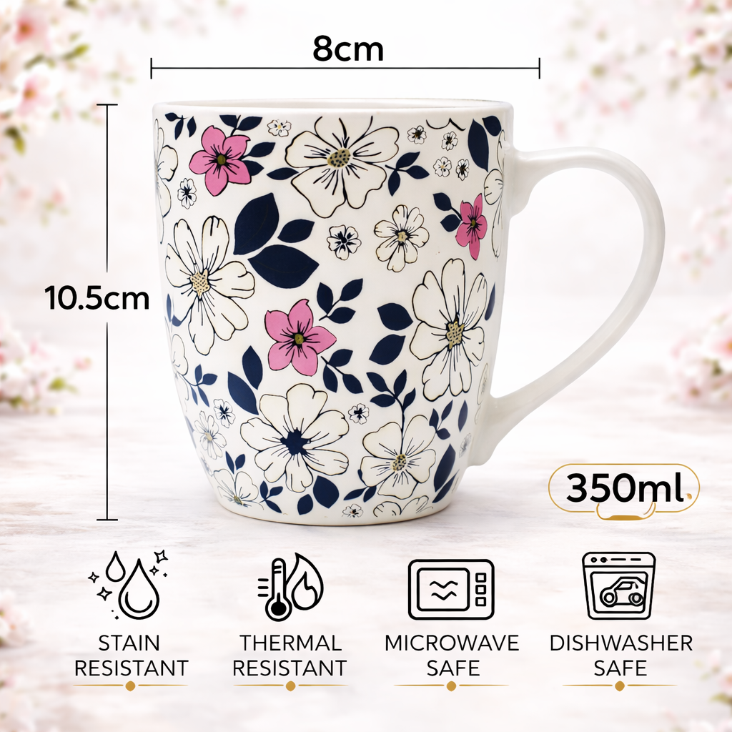 Cuire Black & White Floral Ceramic Coffee Mug | Mug for Him & Her | Perfect for Gifting | 350ml (Set of 1)