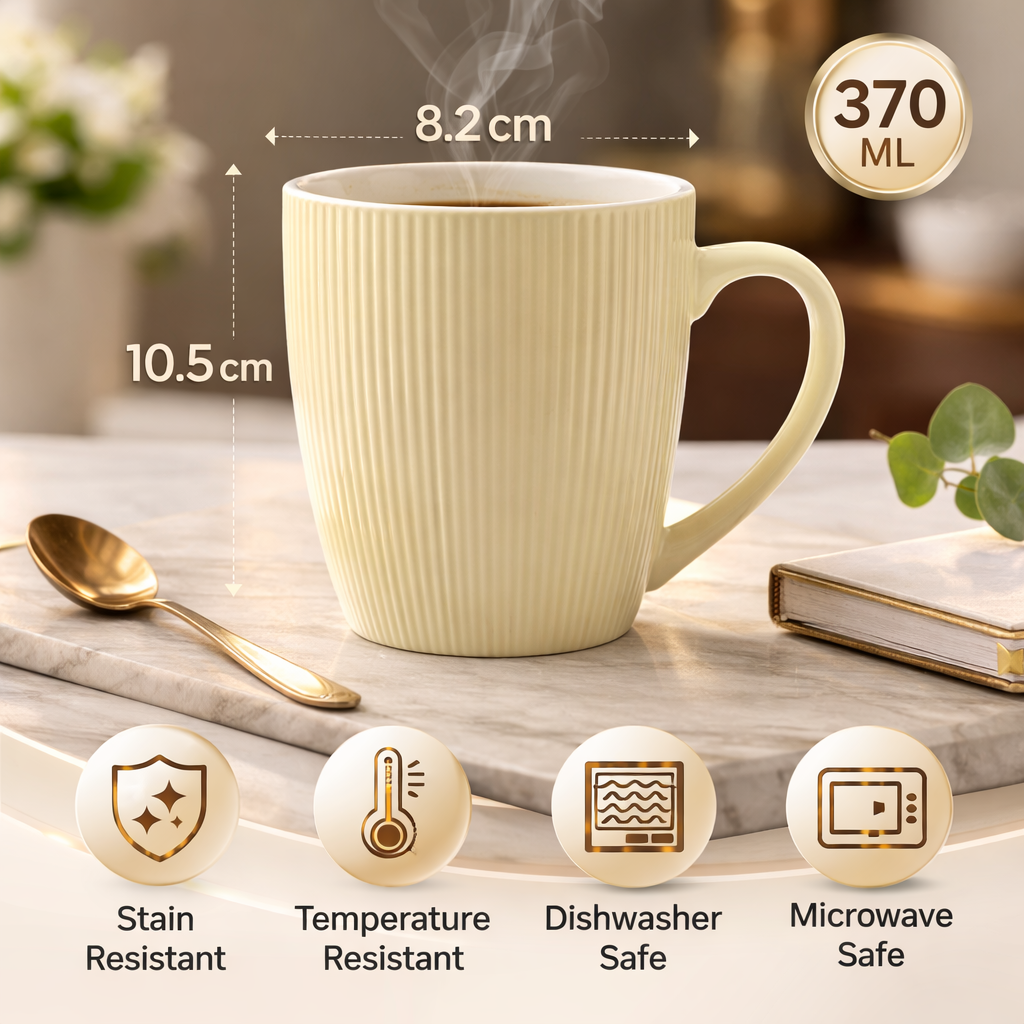Cuire Pastel Yellow Ribbed Ceramic Coffee Mug | Mug for Him & Her | Perfect for Gifting | 370ml (Set of 1)