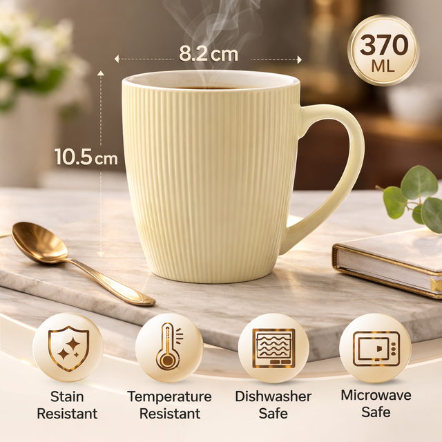 Cuire Pastel Yellow Ribbed Ceramic Coffee Mug | Mug for Him & Her | Perfect for Gifting | 370ml (Set of 1)