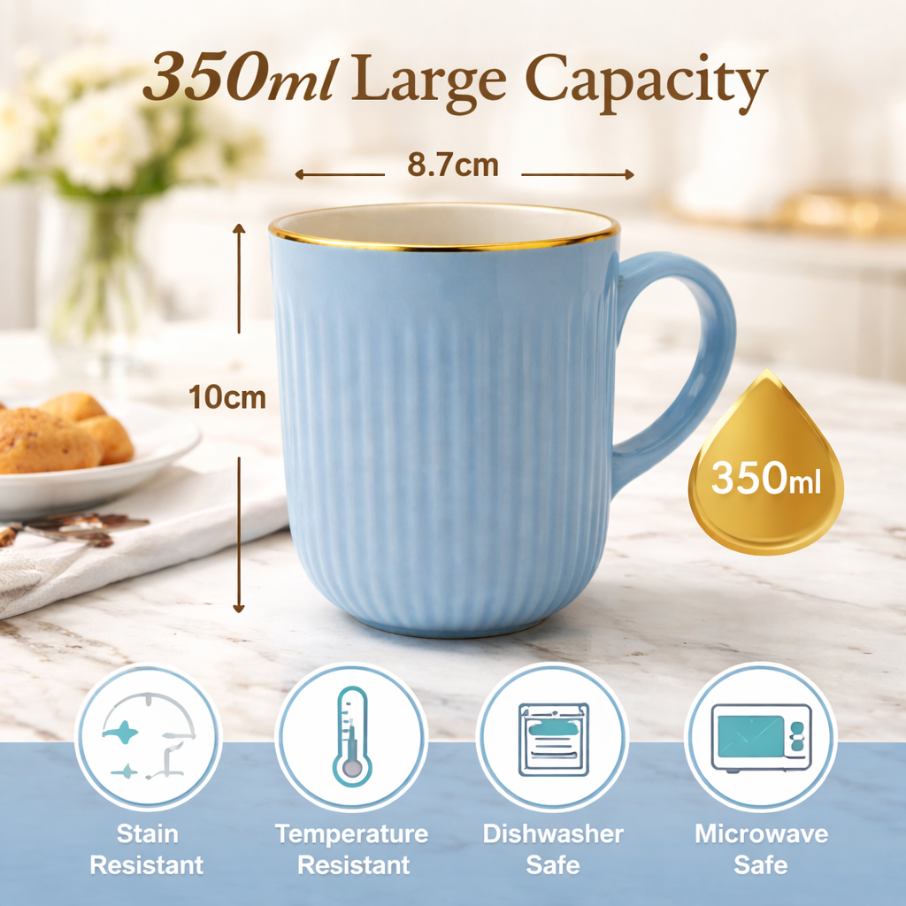 Cuire Light Blue Golden Line RIbbed Ceramic Coffee Mug | Mug for Him & Her | Perfect for Gifting | 350ml (Set of 1)