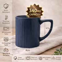Cuire Ribbed Navy Blue Ceramic Coffee Mug | Mug for Him & Her | Perfect for Gifting | 340ml (Set of 1)