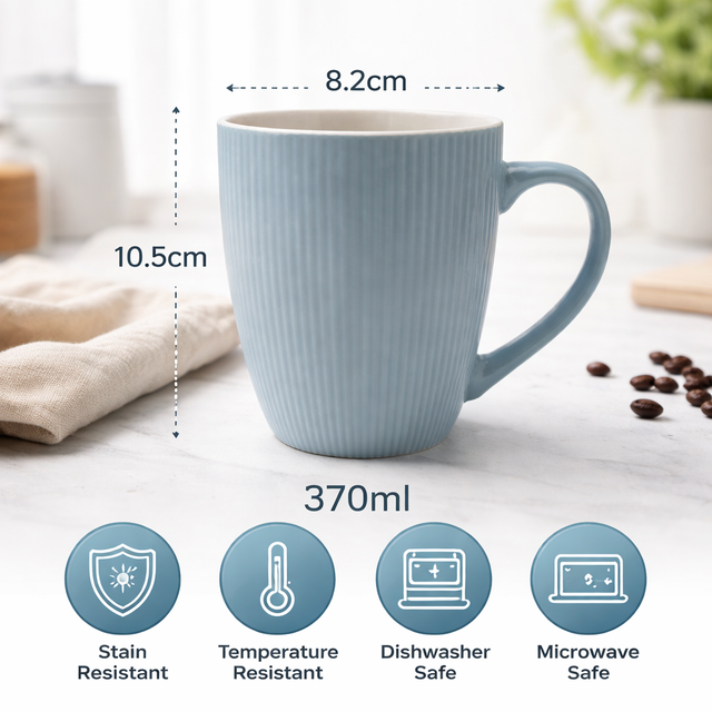 Cuire Light Blue Ribbed Ceramic Coffee Mug | Mug for Him & Her | Perfect for Gifting | 370ml (Set of 1)