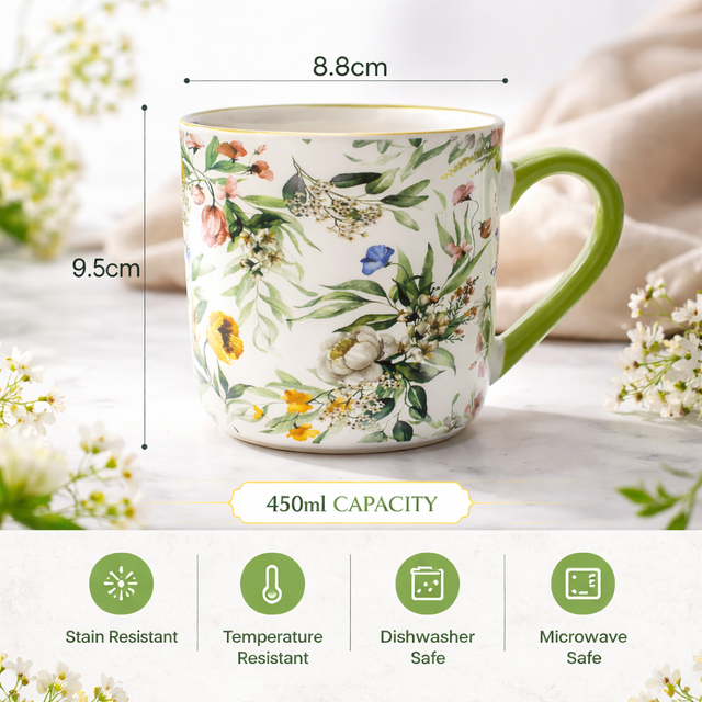 Cuire Green Floral Ceramic Coffee Mug | Mug for Him & Her | Perfect for Gifting | 450ml (Set of 1)