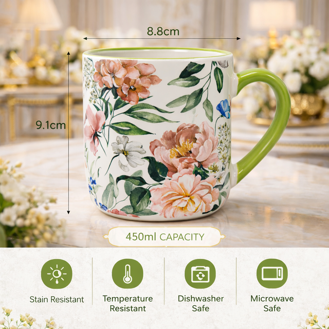 Cuire Green Floral Ceramic Coffee Mug | Mug for Him & Her | Perfect for Gifting | 450ml (Set of 1)