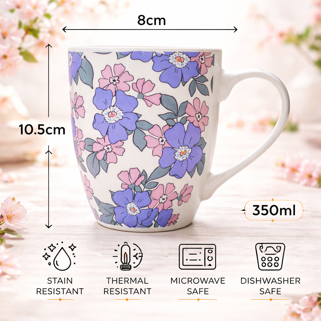 Cuire Black & White Floral Ceramic Coffee Mug | Mug for Him & Her | Perfect for Gifting | 350ml (Set of 1)