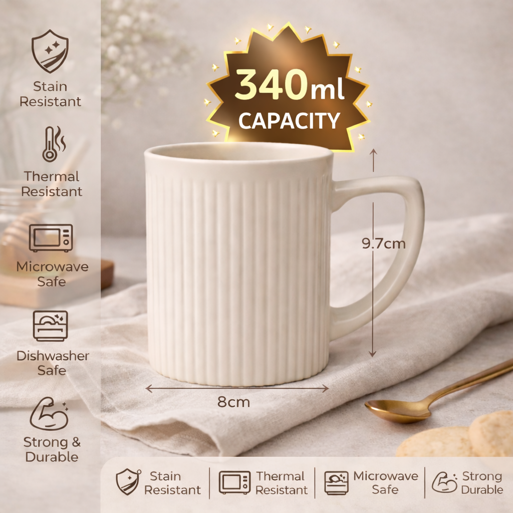 Cuire Ribbed White Ceramic Coffee Mug | Mug for Him & Her | Perfect for Gifting | 340ml (Set of 1)