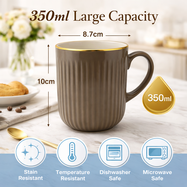 Cuire Chocolate Brown Golden Line RIbbed Ceramic Coffee Mug | Mug for Him & Her | Perfect for Gifting | 350ml (Set of 1)