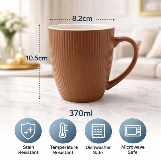 Cuire Brown Ribbed Ceramic Coffee Mug | Mug for Him & Her | Perfect for Gifting | 370ml (Set of 1)