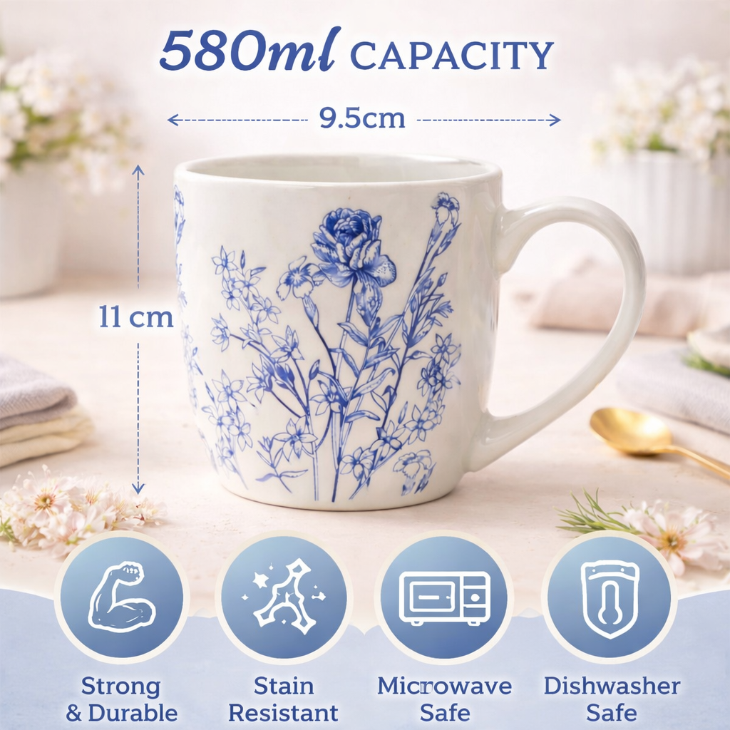 Cuire Floral Blue & White Ceramic Coffee Mug | Mug for Him & Her | Perfect for Gifting | 580ml (Set of 1)