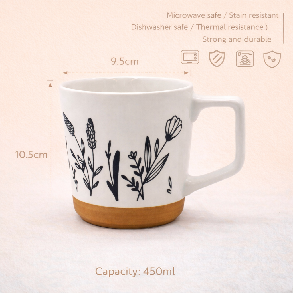 Cuire Floral Embossed Black & White Ceramic Coffee Mug with Brown Base | Mug for Him & Her | Perfect for Gifting | 450ml (Set of 1)