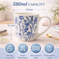 Cuire Floral Blue & White Ceramic Coffee Mug | Mug for Him & Her | Perfect for Gifting | 580ml (Set of 1)