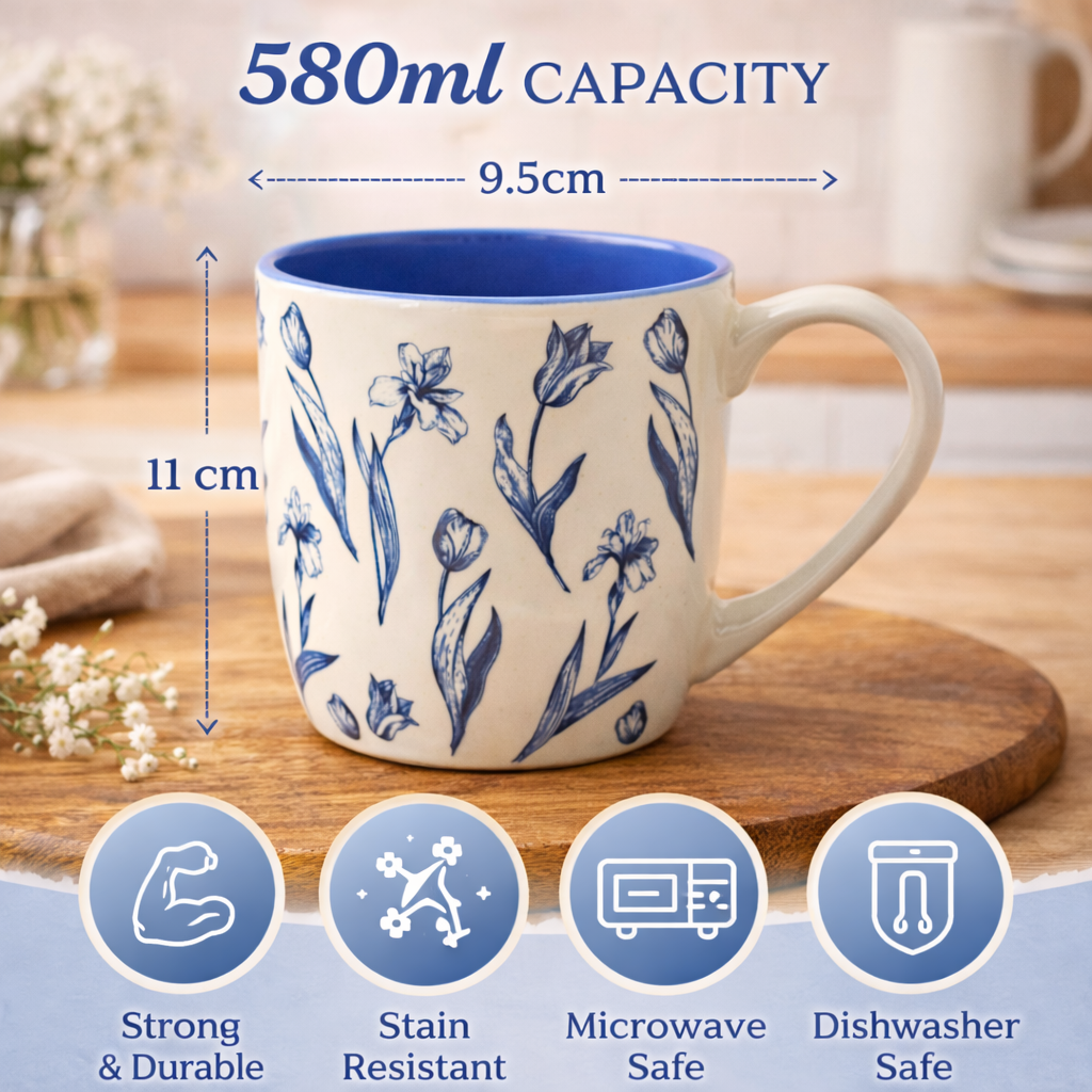 Cuire Floral Blue & White Ceramic Coffee Mug | Mug for Him & Her | Perfect for Gifting | 580ml (Set of 1)