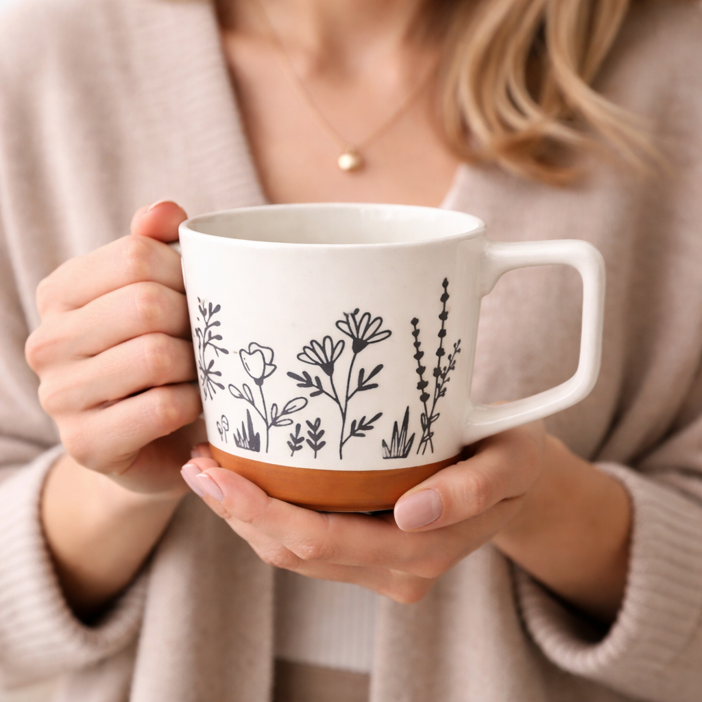 Cuire Floral Embossed Black & White Ceramic Coffee Mug with Brown Base | Mug for Him & Her | Perfect for Gifting | 450ml (Set of 1)