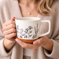 Cuire Floral Embossed Black & White Ceramic Coffee Mug with Brown Base | Mug for Him & Her | Perfect for Gifting | 450ml (Set of 1)