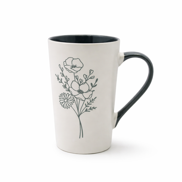 Cuire Grey Coloured Floral Embossed Ceramic Coffee Mug | Mug for Him & Her | Perfect for Gifting | 320ml (Set of 1)