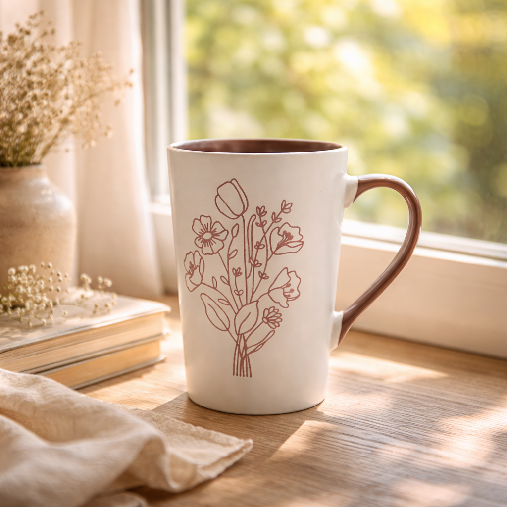 Cuire Mauve Coloured Floral Embossed Ceramic Coffee Mug | Mug for Him & Her | Perfect for Gifting | 320ml (Set of 1)