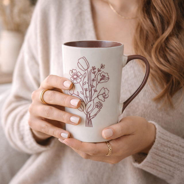 Cuire Mauve Coloured Floral Embossed Ceramic Coffee Mug | Mug for Him & Her | Perfect for Gifting | 320ml (Set of 1)