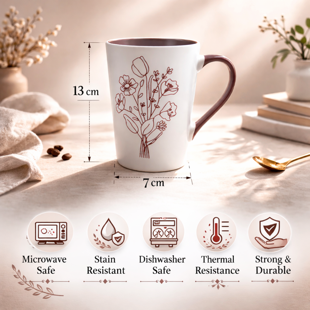 Cuire Mauve Coloured Floral Embossed Ceramic Coffee Mug | Mug for Him & Her | Perfect for Gifting | 320ml (Set of 1)