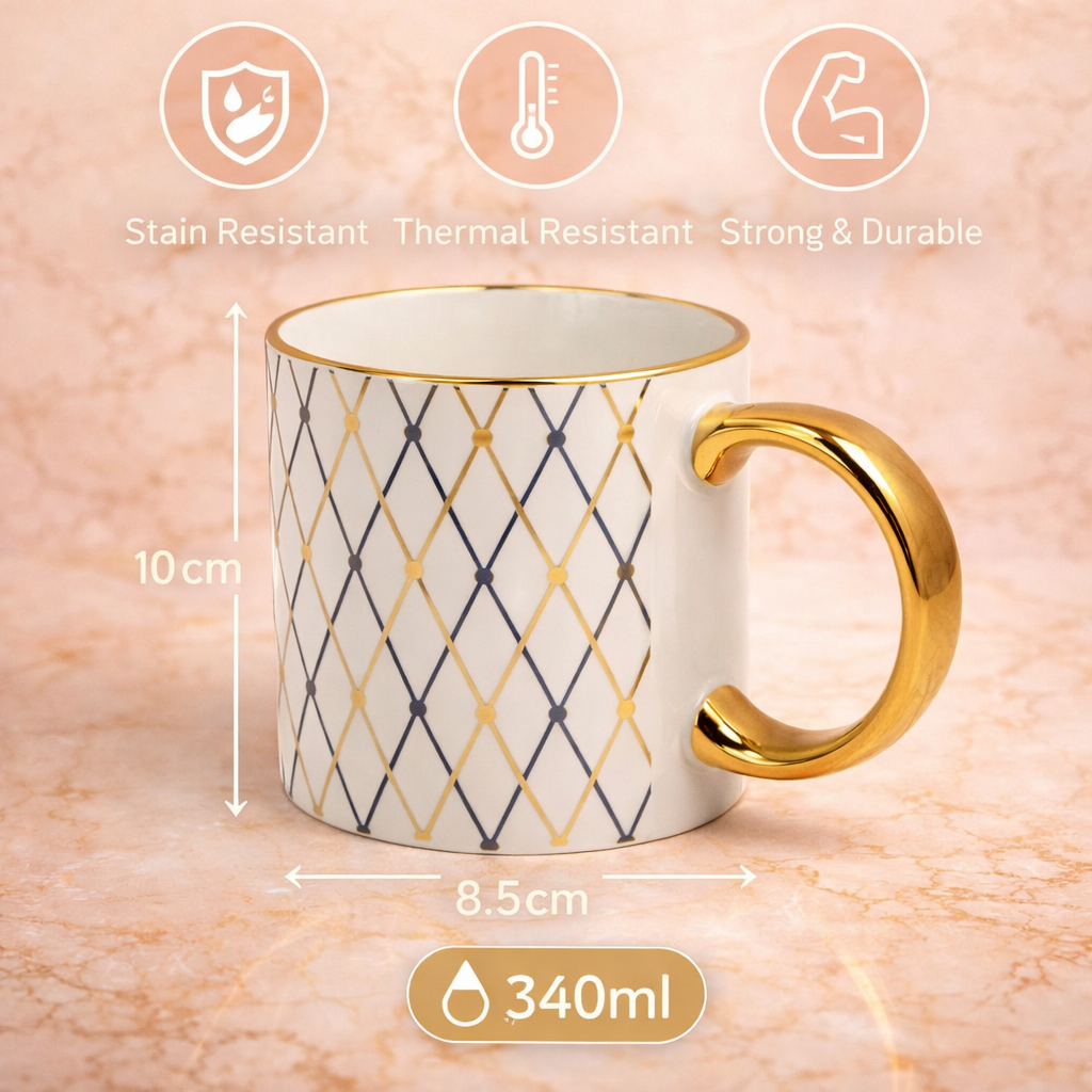 Cuire Aurora Luxe Gold Handle Coffee Mug – Premium Designer Ceramic Mug with Elegant Blush Lattice Pattern, 340ml Capacity | Perfect for Coffee, Tea & Gifting (Golden Blue)