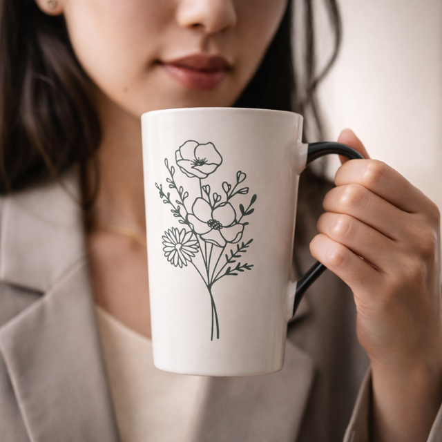 Cuire Grey Coloured Floral Embossed Ceramic Coffee Mug | Mug for Him & Her | Perfect for Gifting | 320ml (Set of 1)