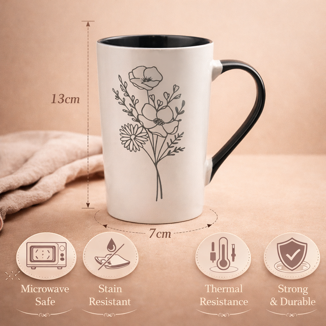 Cuire Grey Coloured Floral Embossed Ceramic Coffee Mug | Mug for Him & Her | Perfect for Gifting | 320ml (Set of 1)