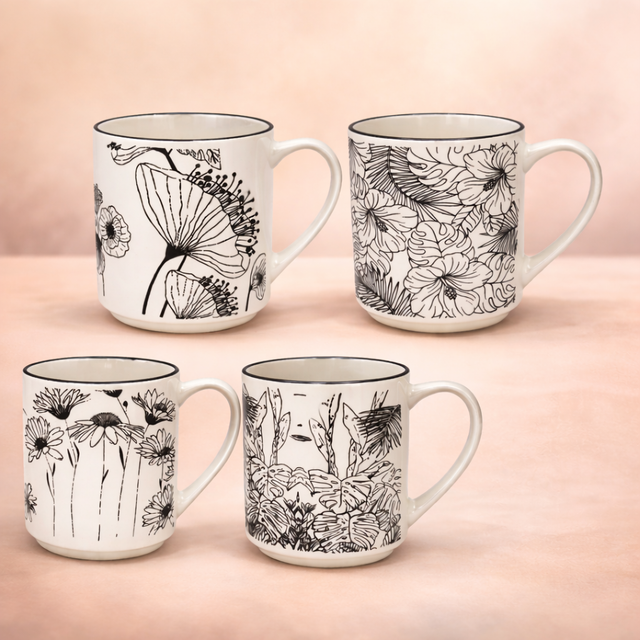 Cuire Floral Black & White Ceramic Coffee Mug | Mug for Him & Her | Perfect for Gifting | 350ml (Set of 1)