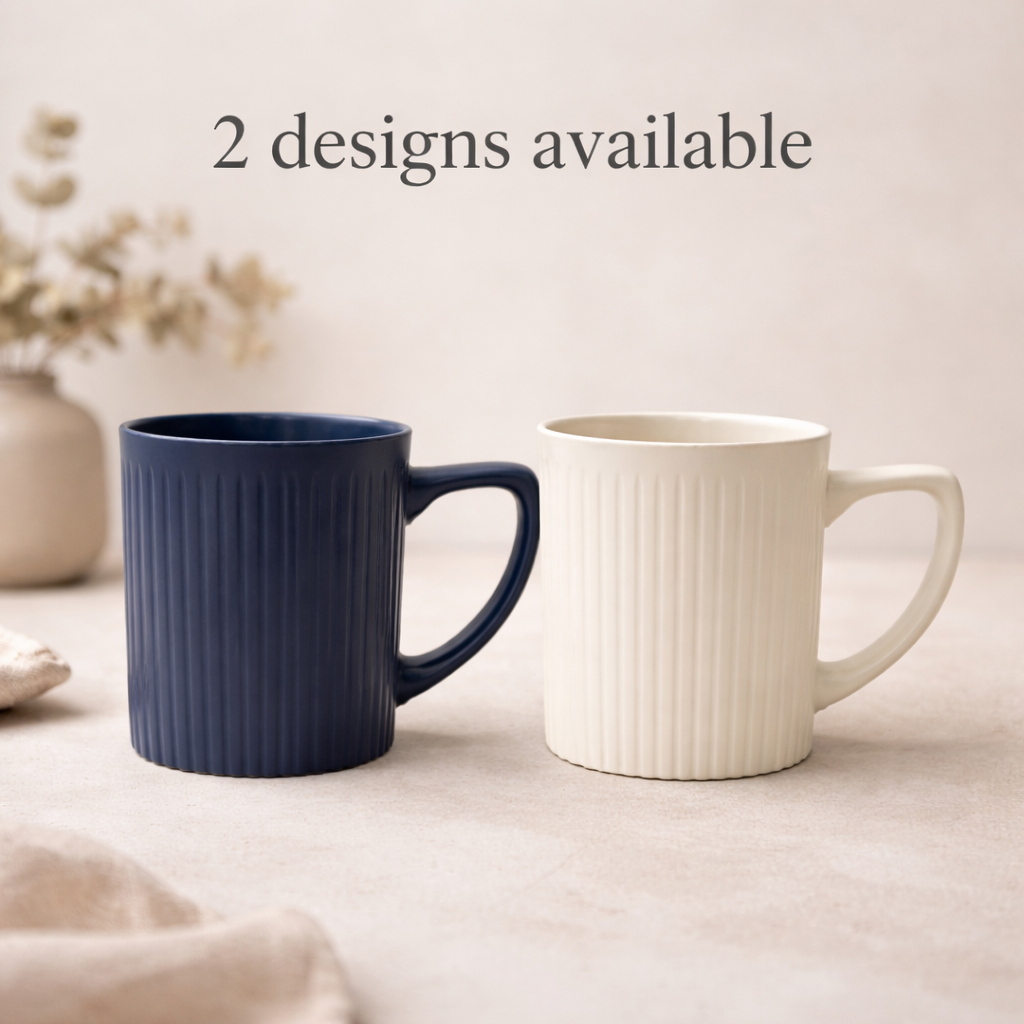 Cuire Ribbed White Ceramic Coffee Mug | Mug for Him & Her | Perfect for Gifting | 340ml (Set of 1)