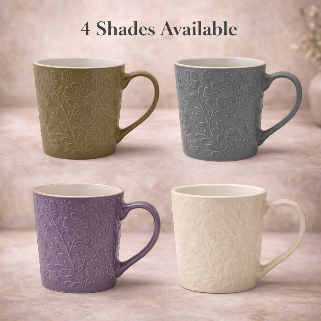 Cuire Floral Embossed Grey Ceramic Coffee Mug | Mug for Him & Her | Perfect for Gifting | 520ml (Set of 1)