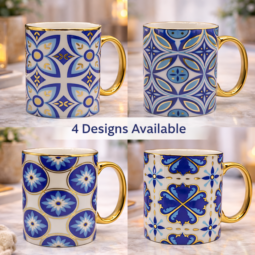 Cuire Golden Blue Floral Ceramic Coffee Mug | Mug for Him & Her | Perfect for Gifting | 360ml (Set of 1)