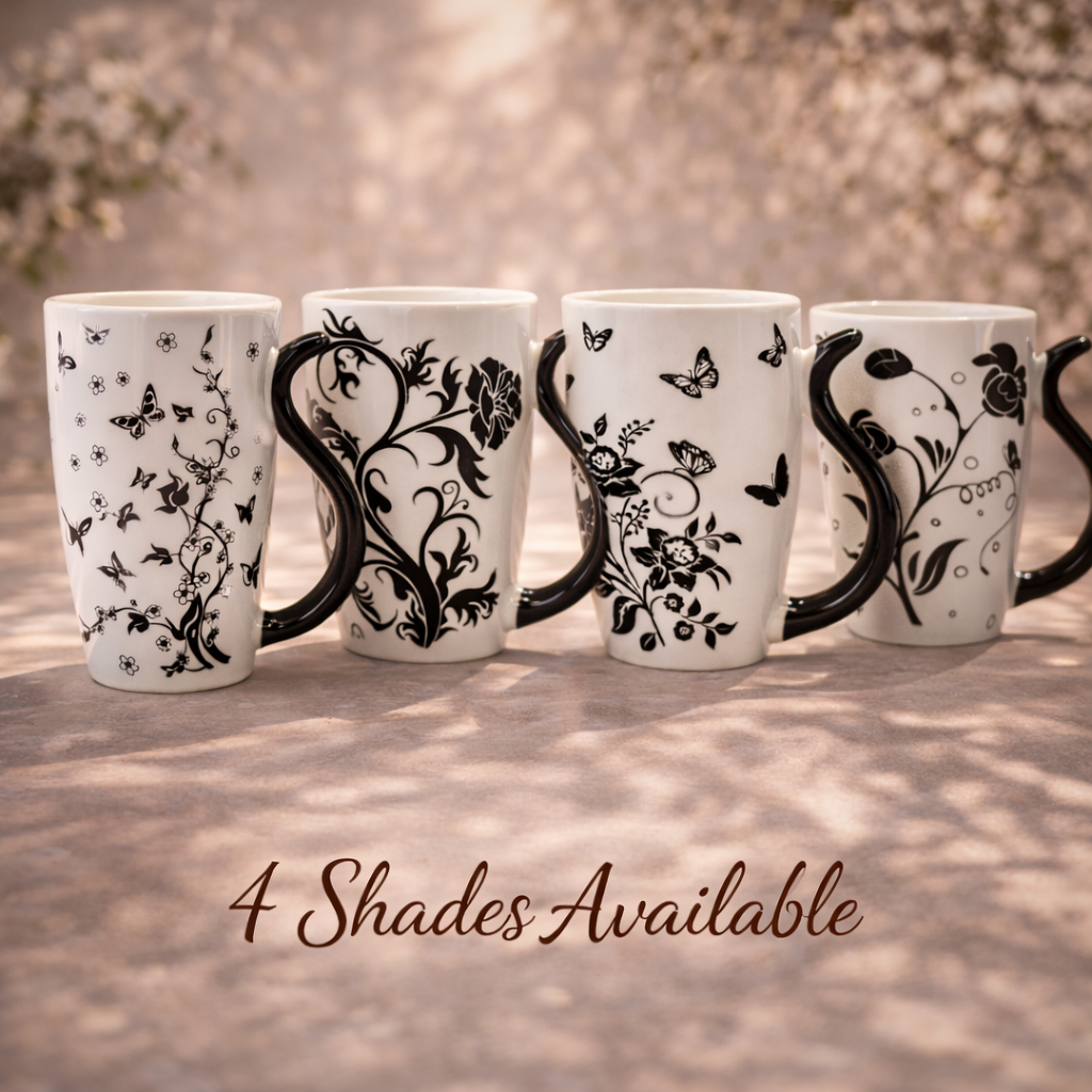 Cuire Floral White with Black Butterfly Ceramic Coffee Mug | Mug for Him & Her | Perfect for Gifting | 400ml (Set of 1)