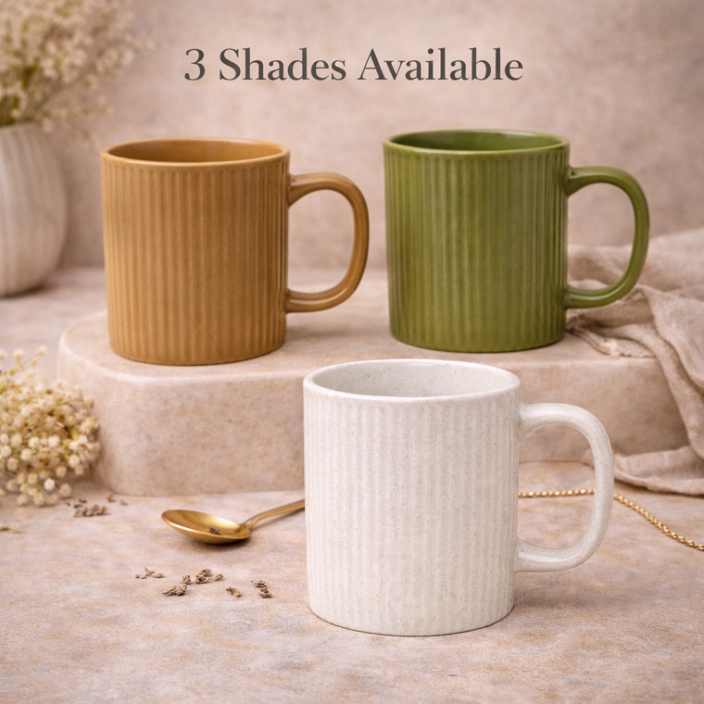 Cuire Ribbed White Ceramic Coffee Mug | Mug for Him & Her | Perfect for Gifting | 360ml (Set of 1)