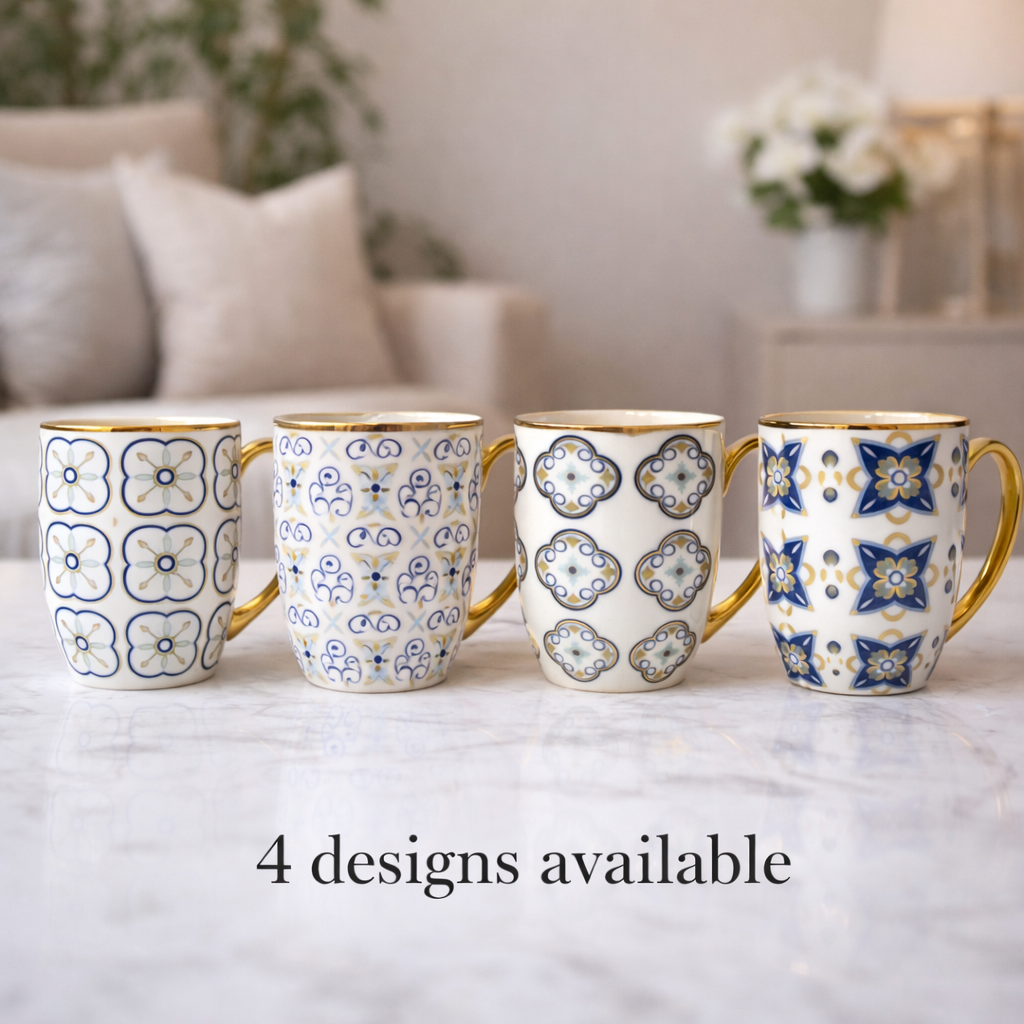 Cuire Blue and Golden Pattern Premium Coffee Mug | Mug for Him & Her | Perfect for Gifting | 370ml (Set of 1)