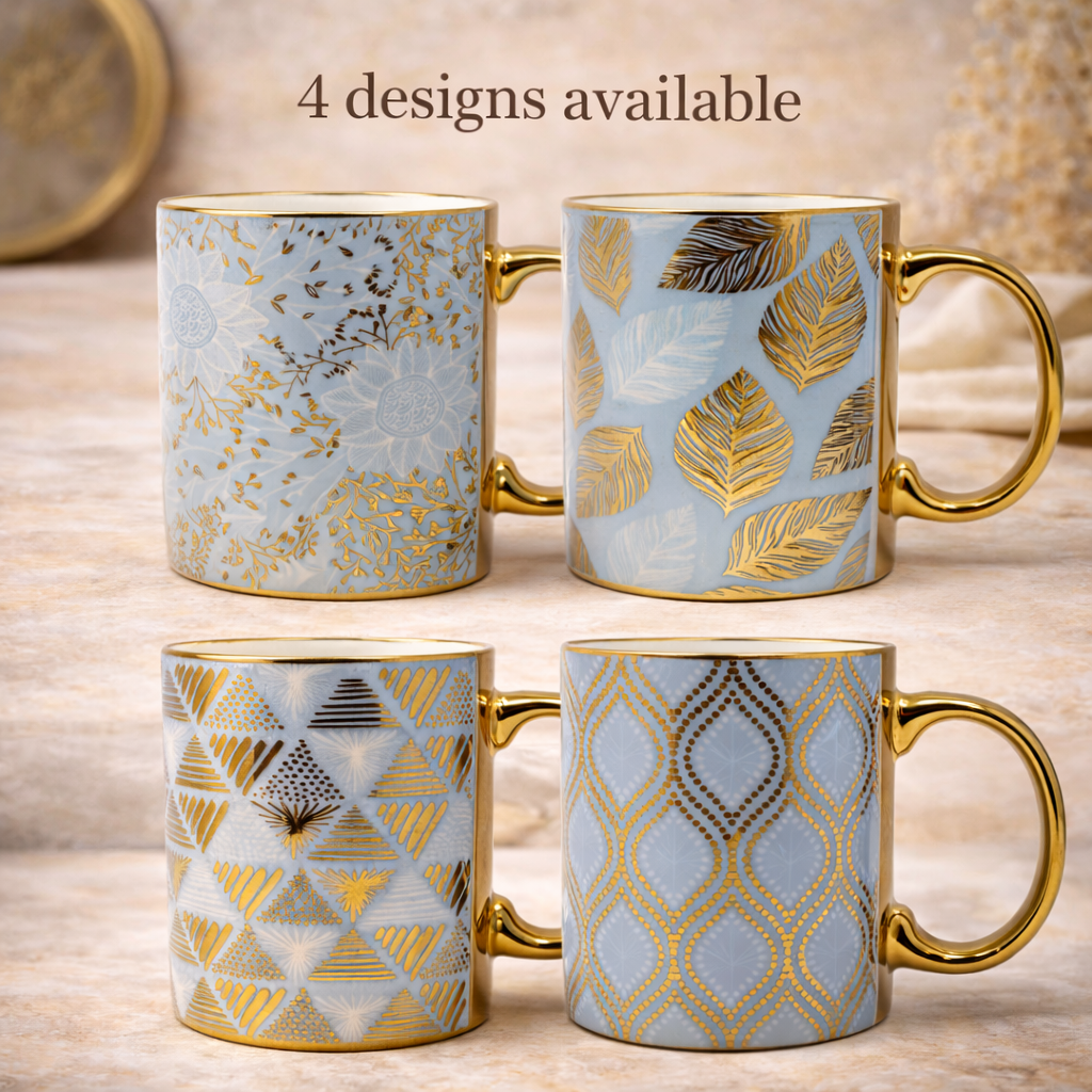Cuire Floral Golden Ceramic Coffee Mug | Mug for Him & Her | Perfect for Gifting | 370ml (Set of 1)
