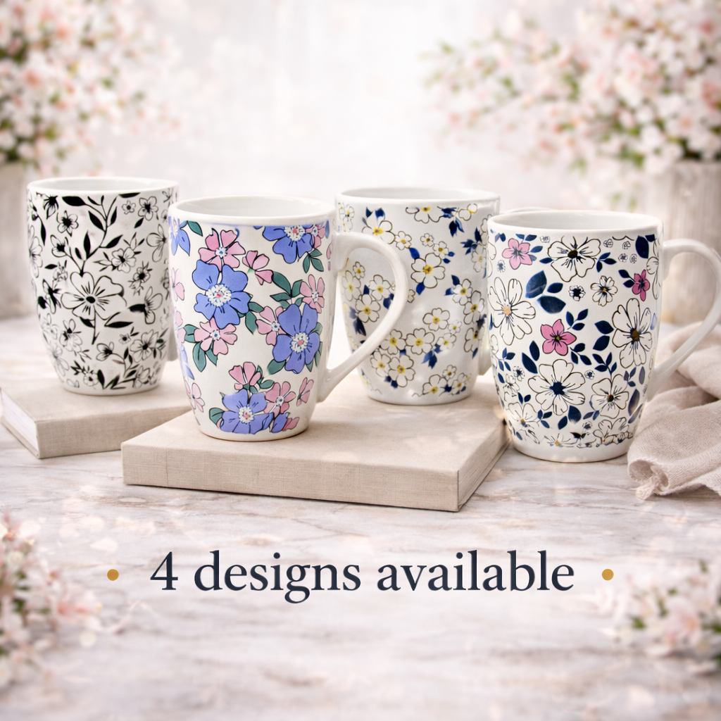 Cuire Black & White Floral Ceramic Coffee Mug | Mug for Him & Her | Perfect for Gifting | 350ml (Set of 1)