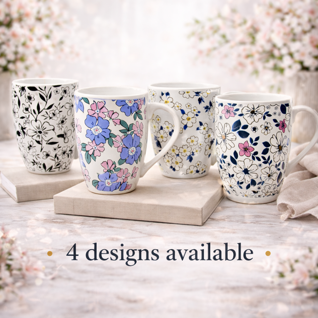 Cuire Black & White Floral Ceramic Coffee Mug | Mug for Him & Her | Perfect for Gifting | 350ml (Set of 1)