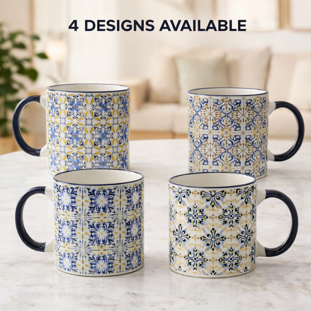 Cuire Blue Patterned Ceramic Coffee Mug | Mug for Him & Her | Perfect for Gifting | 370ml (Set of 1)