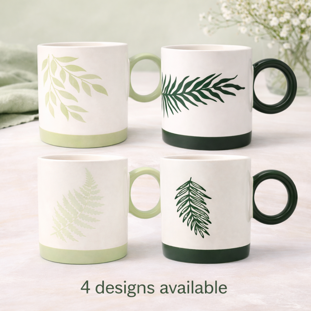 Cuire Green Fern Ceramic Coffee Mug | Mug for Him & Her | Perfect for Gifting | 370ml (Set of 1)