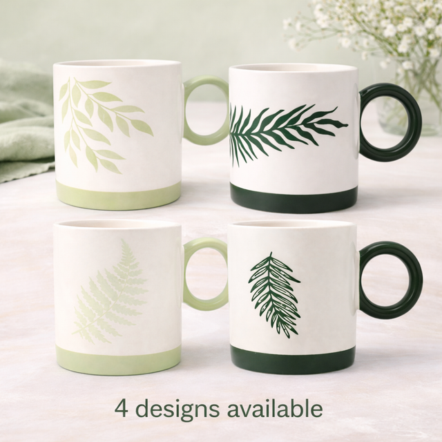 Cuire Green Fern Ceramic Coffee Mug | Mug for Him & Her | Perfect for Gifting | 370ml (Set of 1)