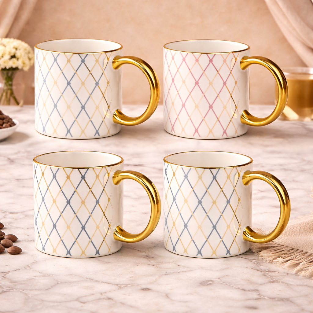 Cuire Navy Blue and Golden Diamond Pattern Ceramic Coffee Mug | Mug for Him & Her | Perfect for Gifting | 340ml (Set of 1)