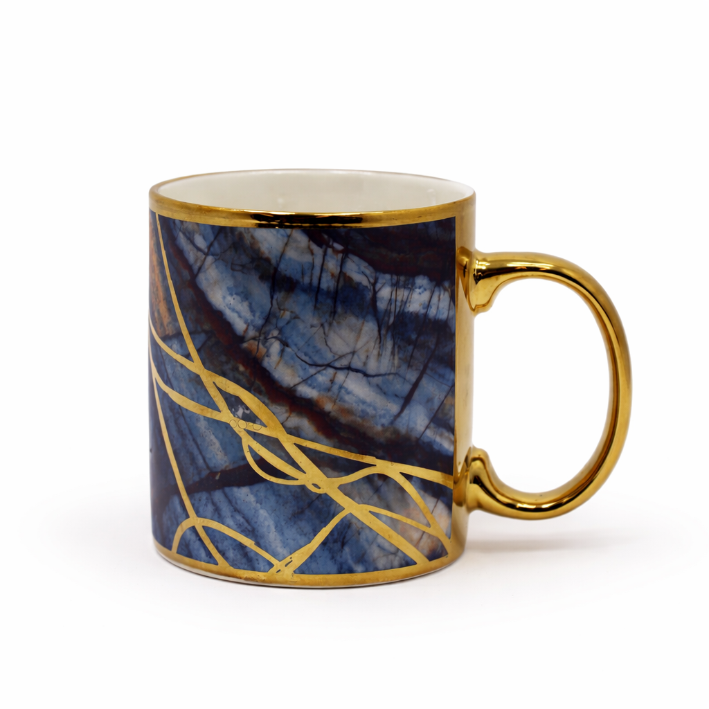 Cuire Blue and Golden Veins Design Ceramic Coffee Mug | Mug for Him & Her | Perfect for Gifting | 340ml (Set of 1)