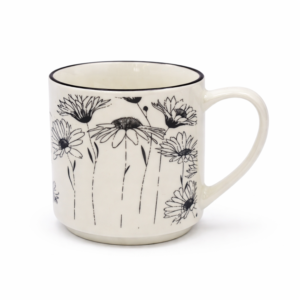 Cuire Floral Black & White Ceramic Coffee Mug | Mug for Him & Her | Perfect for Gifting | 350ml (Set of 1)