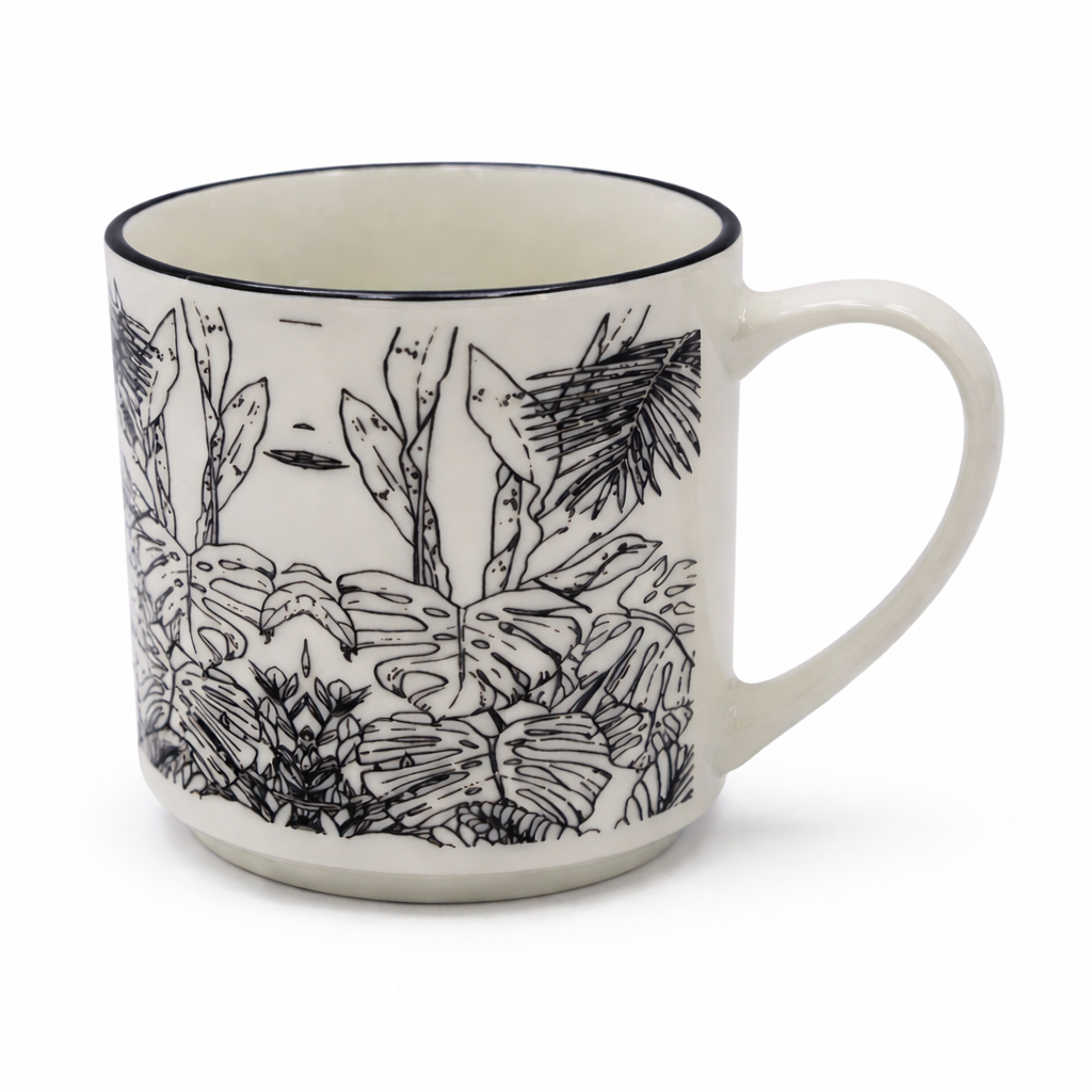 Cuire Floral Black & White Ceramic Coffee Mug | Mug for Him & Her | Perfect for Gifting | 350ml (Set of 1)