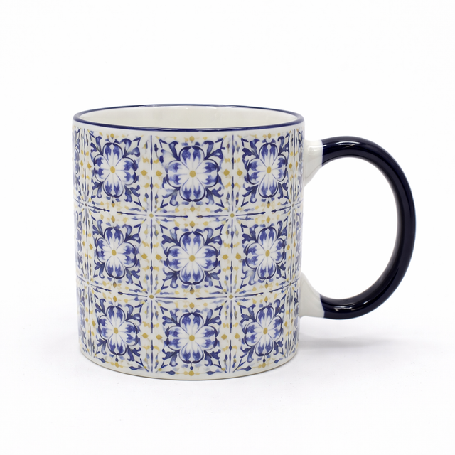 Cuire Blue Patterned Ceramic Coffee Mug | Mug for Him & Her | Perfect for Gifting | 370ml (Set of 1)
