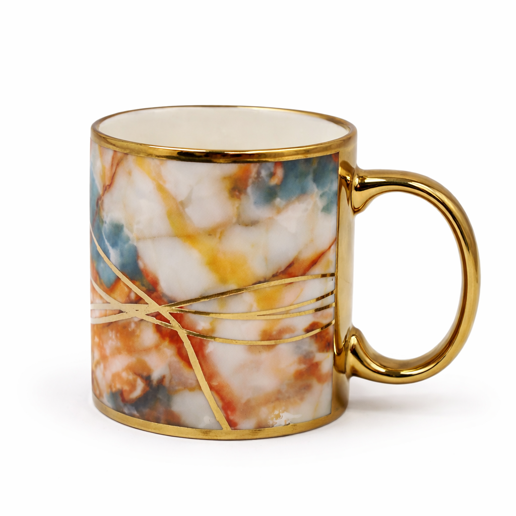 Cuire Coral and Golden Veins Design Ceramic Coffee Mug | Mug for Him & Her | Perfect for Gifting | 340ml (Set of 1)